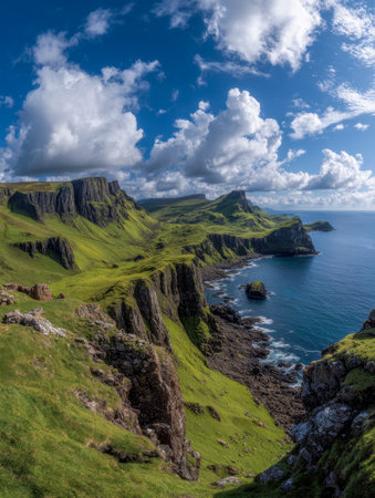 Verdant cliffs tower over a jagged shoreline, catching sunlight beneath a lively sky scattered with cotton-like clouds, offering a tranquil seaside vista.の写真素材