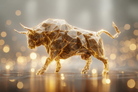 A luminous, faceted bull crafted from interconnected glowing lines and network points, standing on a mirror-like surface amid soft, blurred light orbs.の写真素材