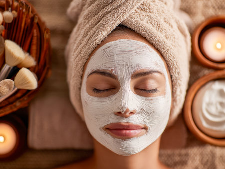 A serene woman indulges in self-care, reclined amidst plush towels, gentle candlelight, and delicate brushes, radiating calm and rejuvenation.の写真素材