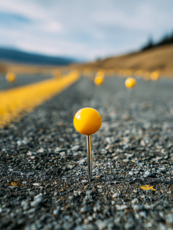 Several bright yellow pins protrude from the textured asphalt, positioned close to worn yellow markings, set against a crisp, sunlit outdoor backdrop.の写真素材