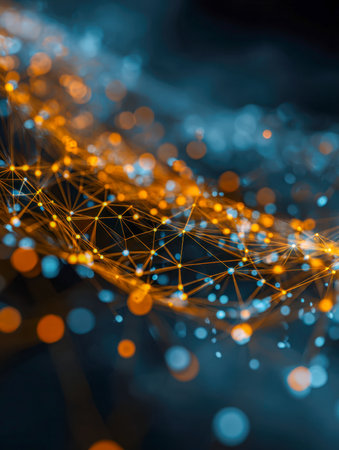 A vibrant web of luminous orange and blue points weaves intricate geometric shapes across a sleek, sci-fi digital backdrop, suggesting advanced connectivity and innoの写真素材