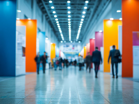 A bustling contemporary trade show featuring vibrant panels and professional visitors strolling through a wide, well-lit corridor, creating an energetic business atmの写真素材