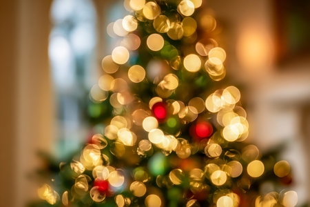 Soft, shimmering bokeh lights envelop a festive indoor scene, highlighting elegant gold and crimson ornaments on a beautifully decorated Christmas tree.の写真素材