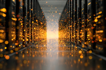 A sleek, modern data corridor illuminated by vibrant orange particles drifting through the air, representing advanced digital communication and seamless data exchangの写真素材