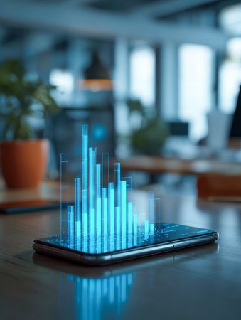 A sleek smartphone on a wooden desk displays a vibrant, three-dimensional holographic chart, illustrating advanced data insights within a contemporary office settingの写真素材