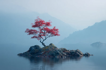 A lone crimson-leafed tree stands resilient on a rugged islet, embraced by tranquil foggy waters and gentle mountain outlines at dawn's first light.の写真素材