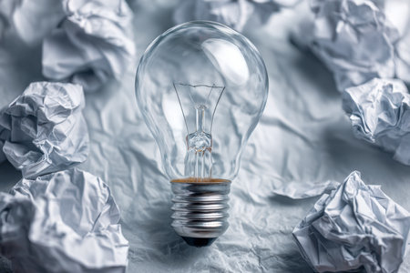 A luminous globe contrasts with scattered paper crumples, representing bright ideas amidst the chaos of a dynamic, inventive workspace.の写真素材