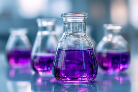 A careful arrangement of crystalline glassware containing striking violet fluid creates a captivating scene, reflecting precision and innovation within a scientificの写真素材