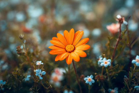 A striking orange daisy crowns a gentle array of tiny white and pink blossoms, set in a flourishing garden with a softly muted backdrop that highlights its vivid hueの写真素材