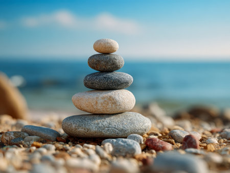 A serene arrangement of polished stones rises gently on a pebble shoreline, with a soft-focus ocean and sky evoking tranquility and harmony in nature.の写真素材