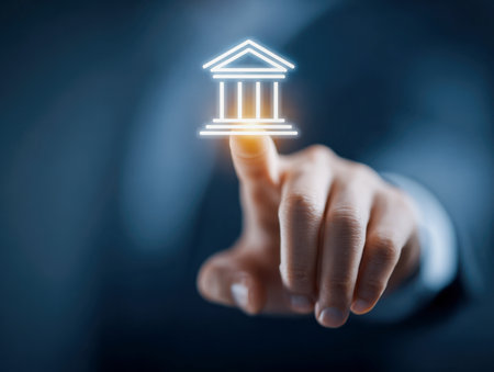 A modern professional engages with a luminous digital bank symbol amid a sleek, futuristic environment, representing innovation in financial services and virtual banの写真素材