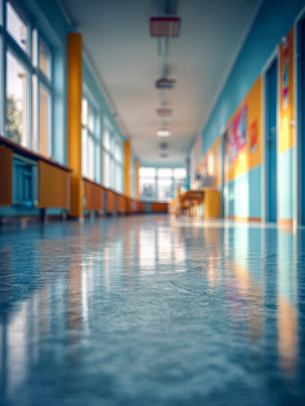 A lively corridor bathed in sunlight, vibrant wall hues, spacious windows, and glossy flooring foster an inviting atmosphere for learning.の写真素材