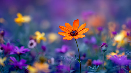 A striking orange bloom rises amidst a lively meadow, where blurred purple and yellow petals evoke peace and vivid harmony.の写真素材