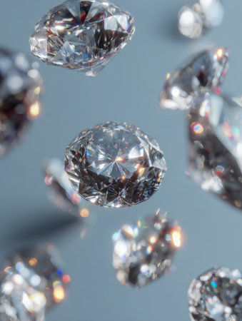 Elegant dazzling gemstones reflect light with brilliance, gracefully suspended on a subtle azure backdrop, embodying sophistication and refined beauty.の写真素材