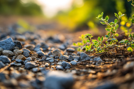 Delicate seedlings emerge amid rugged stones, basking in gentle sunlight, evoking tranquility and the resilience of life thriving in wild, untouched landscapes.の写真素材