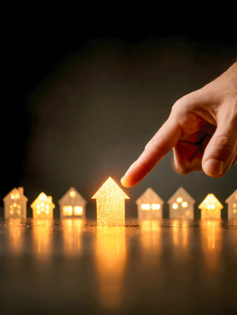 An individual emphasizes a bright paper house amidst shimmering miniature dwellings, illustrating the crucial choices involved in finding a perfect home after dark.の写真素材