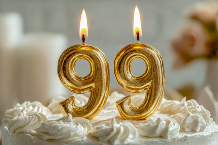 A festive cake adorned with elegant white cream, featuring illuminated golden candles shaped as '99', set against a softly blurred backdrop with a cozy, warm glow.の写真素材