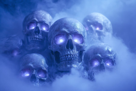 Ominous skulls with piercing violet gaze emerge through swirling mist, casting an eerie glow that deepens the supernatural, fantasy-inspired mystery.の写真素材