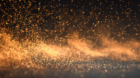 Sparkling golden particles drift through a deep, shadowy void, emitting a gentle, warm glow that evokes enchantment and celebration, perfect for festive or artisticの写真素材