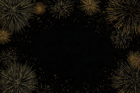 Radiant golden explosions form a luxurious border against a dark backdrop, ideal for adding a touch of grandeur to festive invitations and joyful announcements.の写真素材
