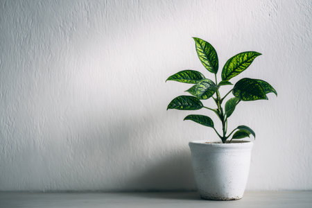 A compact leafy plant with white-edged foliage sits on a soft-toned surface, contrasting gently with the subtly textured backdrop in a clean, modern ambiance.の写真素材
