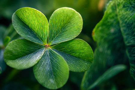 A lively four-leaf clover displaying intricate vein patterns, bathed in warm sunlight amid vibrant greenery, embodied prosperity and the essence of natural harmony.の写真素材
