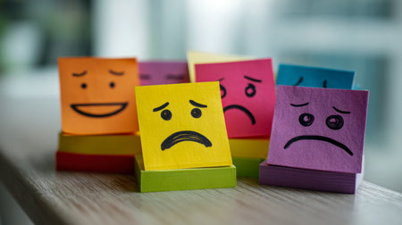 Brightly colored notes with heartfelt messages sit scattered on a wooden table, illuminated by natural light, capturing a spectrum of complex emotions.の写真素材