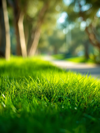 Bright sunlight illuminates lush grass in a tranquil park, where a gentle path means through the greenery, surrounded by softly blurred trees and a calming outdooの写真素材