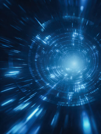 A mesmerizing stream of luminous blue particles spirals inward, forming a vibrant, energetic vortex against a sleek, high-tech digital backdrop.の写真素材