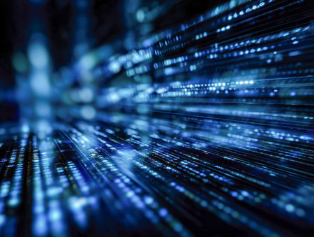 Dynamic waves of glowing blue lines and geometric patterns create a high-tech ambiance, illustrating rapid data transfer and cutting-edge digital connectivity in avの写真素材