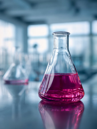 A sleek glass container holding a bright pink liquid, mirrored perfectly on a polished surface, set against a softly blurred high-tech research environment.の写真素材