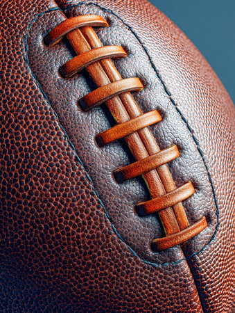 An intricate view highlighting the fine craftsmanship of a vintage sports ball, showcasing its rugged leather surface and precise stitching against a vibrant blue baの写真素材