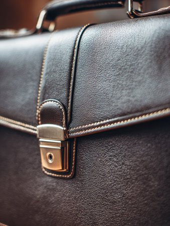 A close-up showcasing a vintage leather briefcase with precise stitching and a sleek silver clasp, emphasizing artisanal craftsmanship and refined elegance.の写真素材
