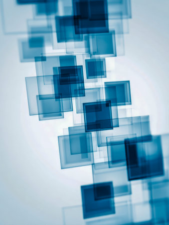 Layered luminous blue squares intersect dynamically, forming a sleek, modern grid that evokes a sense of motion and digital sophistication against a soft backdrop.の写真素材
