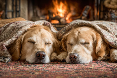 Two cheerful golden retrievers lie side by side, wrapped in a colorful knit blanket, beside a softly glowing fireplace on an intricate rug in a welcoming living spaceの写真素材