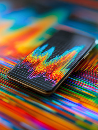 A sleek device showcases lively, rainbow-hued charts against a vivid, swirling backdrop, capturing the pulse of modern data-driven breakthroughs and tech creativity.の写真素材