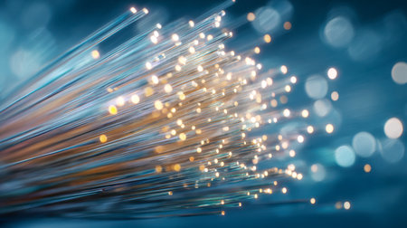 Vibrant blue currents entwine, illuminated by luminous nodes symbolizing rapid data flow and cutting-edge connectivity in a sleek, futuristic aesthetic.の写真素材