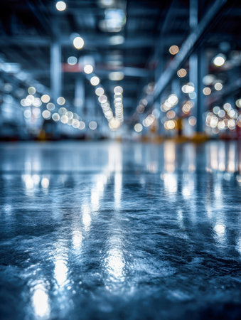 A sleek, mirror-like concrete surface captures soft blue hues and ambient lighting, creating a spacious, contemporary industrial environment with dreamy bokeh in theの写真素材
