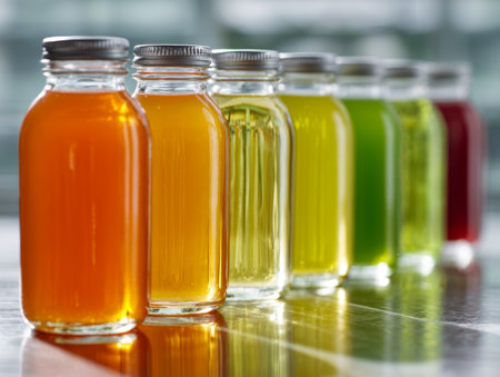 A vivid array of glass vessels brimming with lively hues, creating a smooth transition from warm orange to deep crimson, mirrored gently on a gleaming surface underの写真素材