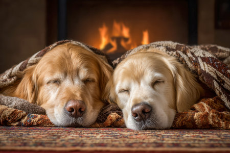Two contented retrievers snuggle beneath soft blankets, basking in the gentle glow of a crackling fire, evoking warmth and tranquility during winter indoors.の写真素材