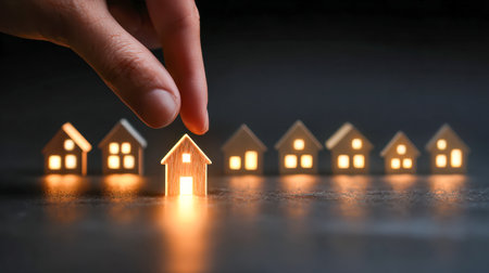 A person gently selects a warmly lit wooden house among a series of glowing miniature homes, capturing the moment of choosing a future dwelling under a night sky.の写真素材