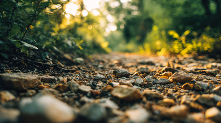 A tranquil woodland path bathed in warm golden glow, dusted with varied stones and pebbles amid dense, vibrant greenery creating a peaceful, enchanting atmosphere.の写真素材