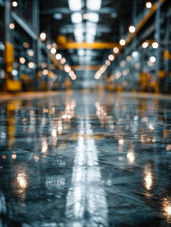 A sleek, mirror-like surface enhances the warehouse's openness, with high ceilings and industrial elements softly blurred in the background, creating a sense of vastの写真素材