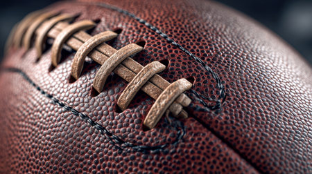 A close-up of a rich brown leather sphere, showing intricate stitching and robust laces that emphasize artisanal skill in classic sports gear creation.の写真素材