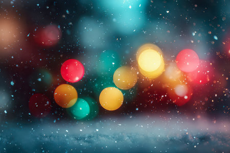 Bright, multicolored urban illumination filters softly through gentle snowfall, creating a peaceful winter scene with a warm, festive atmosphere softly blurred in thの写真素材