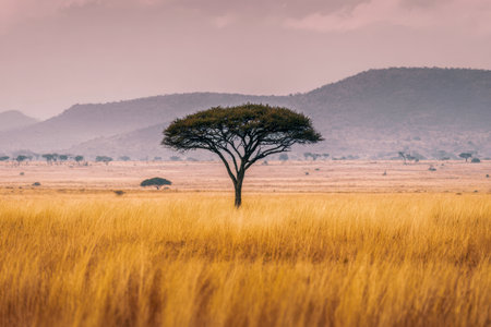 A lone, crownless tree rises prominently amid the shimmering grasses, with rolling hills fading into the horizon beneath a gentle pink sky at dawn or dusk.の写真素材