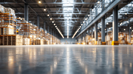 A vast, organized storage space featuring gleaming concrete surfaces and towering metal racks packed with neatly arranged pallets, illuminated by vivid ceiling lightの写真素材