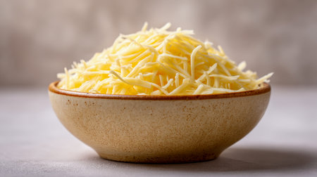 A handcrafted ceramic bowl brimming with vibrant shredded yellow cheese rests on a sleek surface, set against a gentle, out-of-focus backdrop ideal for culinary inspの写真素材