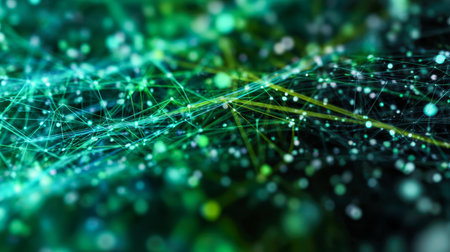 A high-tech visualization of dynamic data exchange, featuring luminous green and blue pathways weaving through an intricate digital matrix, symbolizing advanced connの写真素材