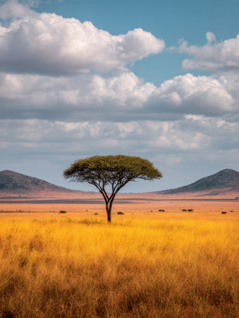 A solitary acacia with a distinctive flat canopy rises above lush golden grasses, set against a moody sky and rolling hills, capturing tranquil wildness.の写真素材